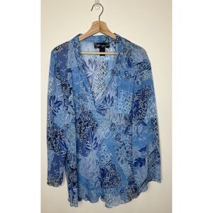Susan Graver Style 1X Blue Floral Paisley Sheer Pull On Tunic Lightweight Resort